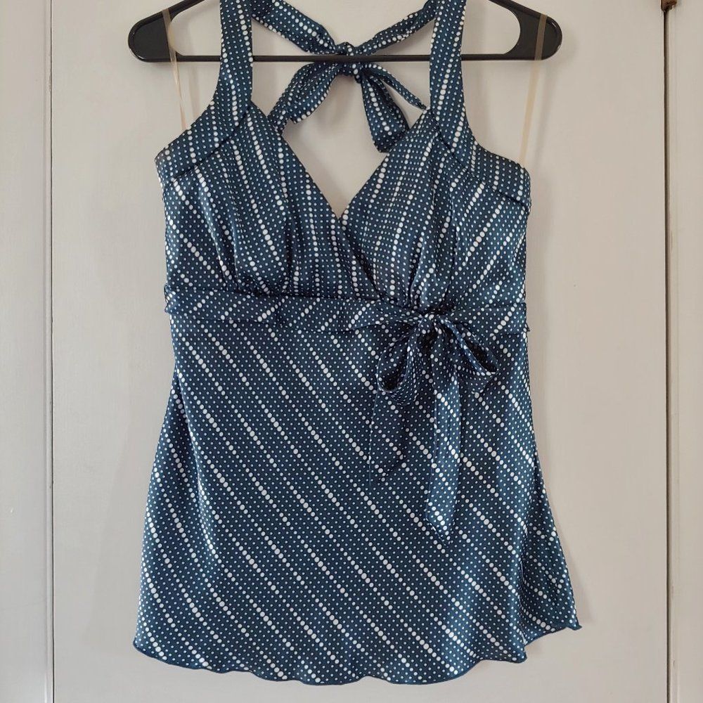 studio y blue dot satin halter top w/ bow